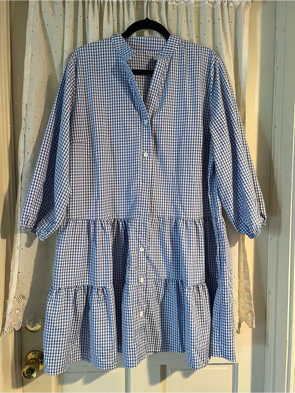 Blue and White Gingham Tiered Button Dress - Picture 2 of 5